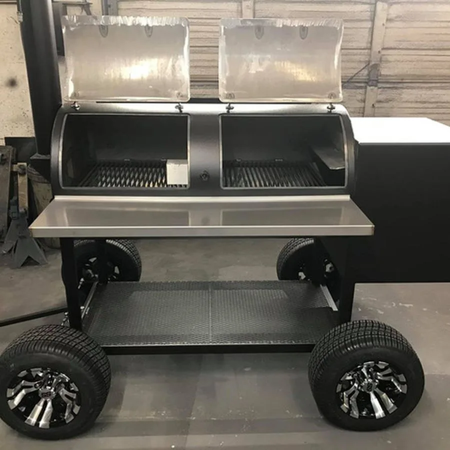 Jambo Backyard smoker from the stack end with both doors open