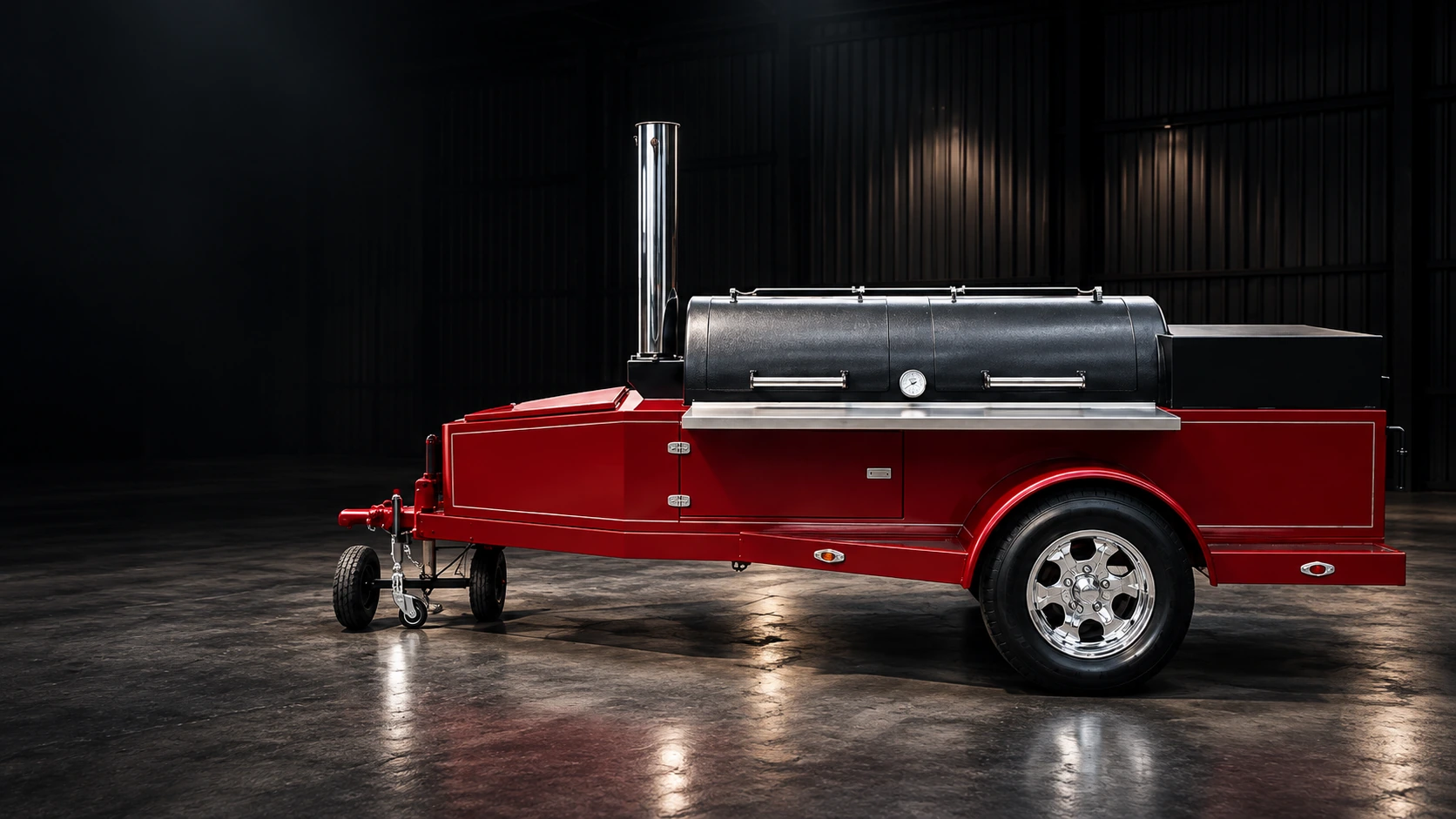 Red Jambo J3 trailer BBQ pit with black cook chamber and chrome stack in a dark shop